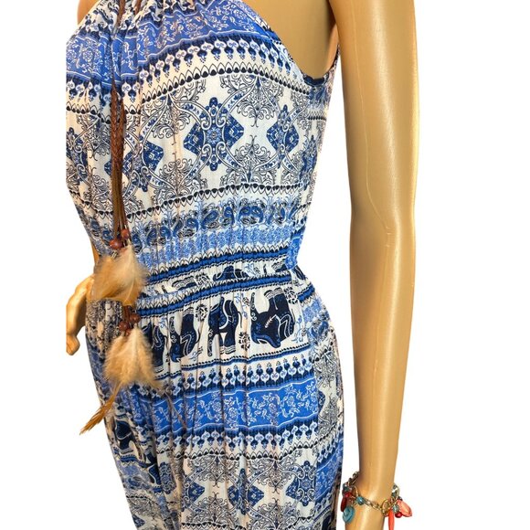 Feather Tassel Boho Elephant Print Halter Jumpsuit in Blue/White Size Small - Picture 6 of 7